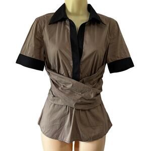 BCBG MaxAzria Tan and Black Blouse Size Small Cross Wrap Front w Tie Back